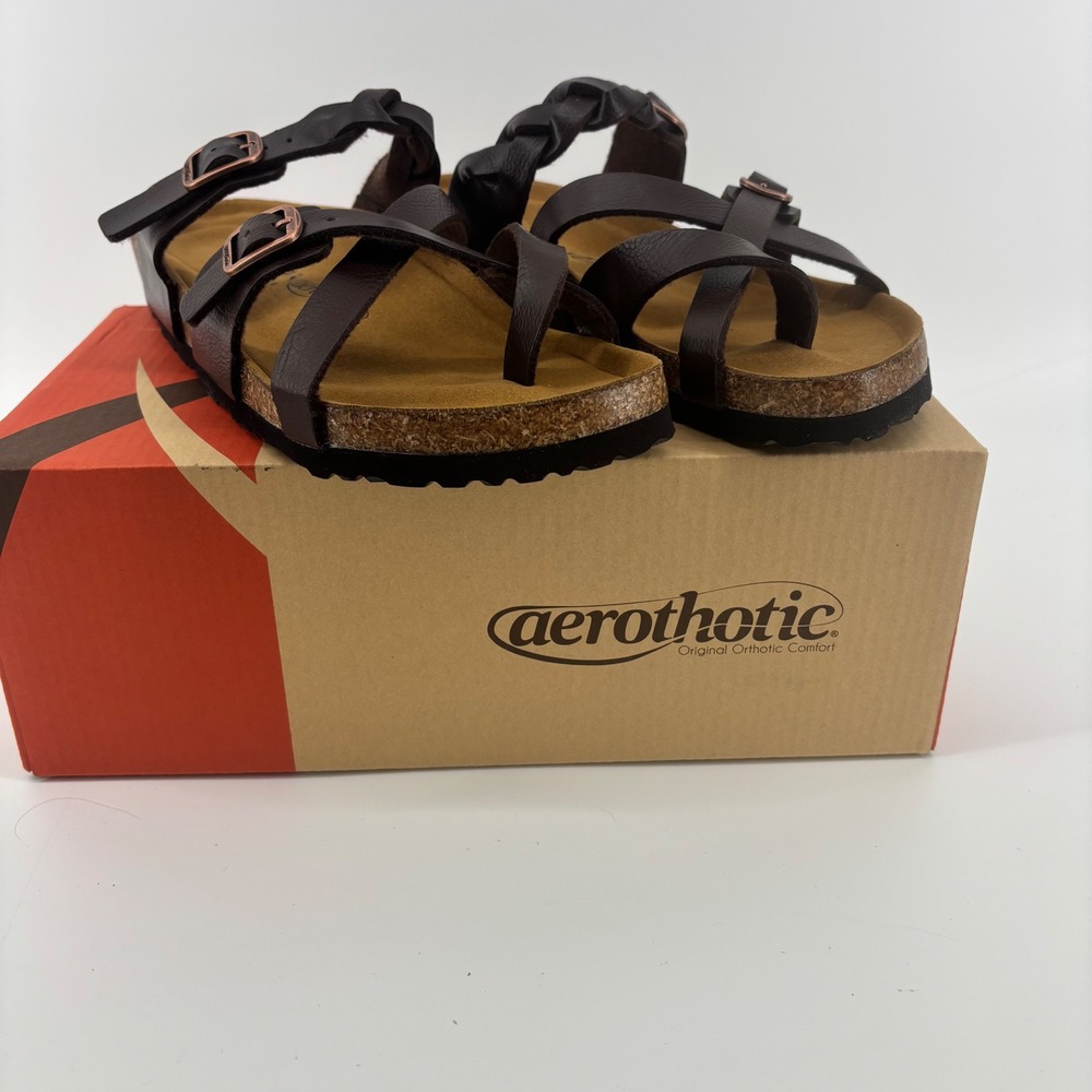 Aerothotic Brown Memory Foam Cork Comfort Sandals Braided Buckle‎ Womens  9 NEW